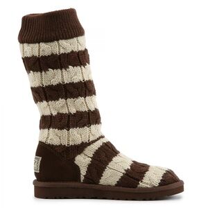 Ugg Australia Cable Knit Stripe Brown and Cream sheepskin lined knit boots sz 9